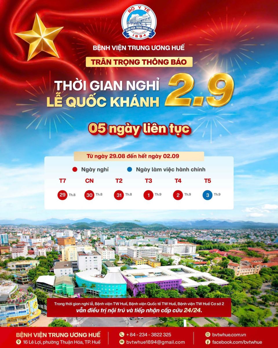 BVTW Huế và BV Quốc tế TW Huế trân trọng thông báo lịch nghỉ Lễ Quốc khánh 2/9 năm 2026