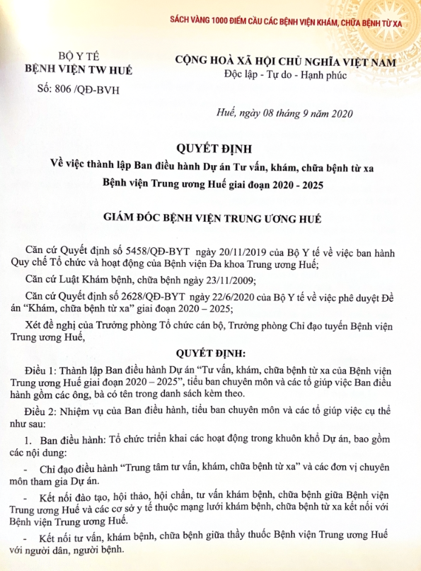 Thành lập Ban điều hành Dự án Tư vấn, khám, chữa bềnh từ xa