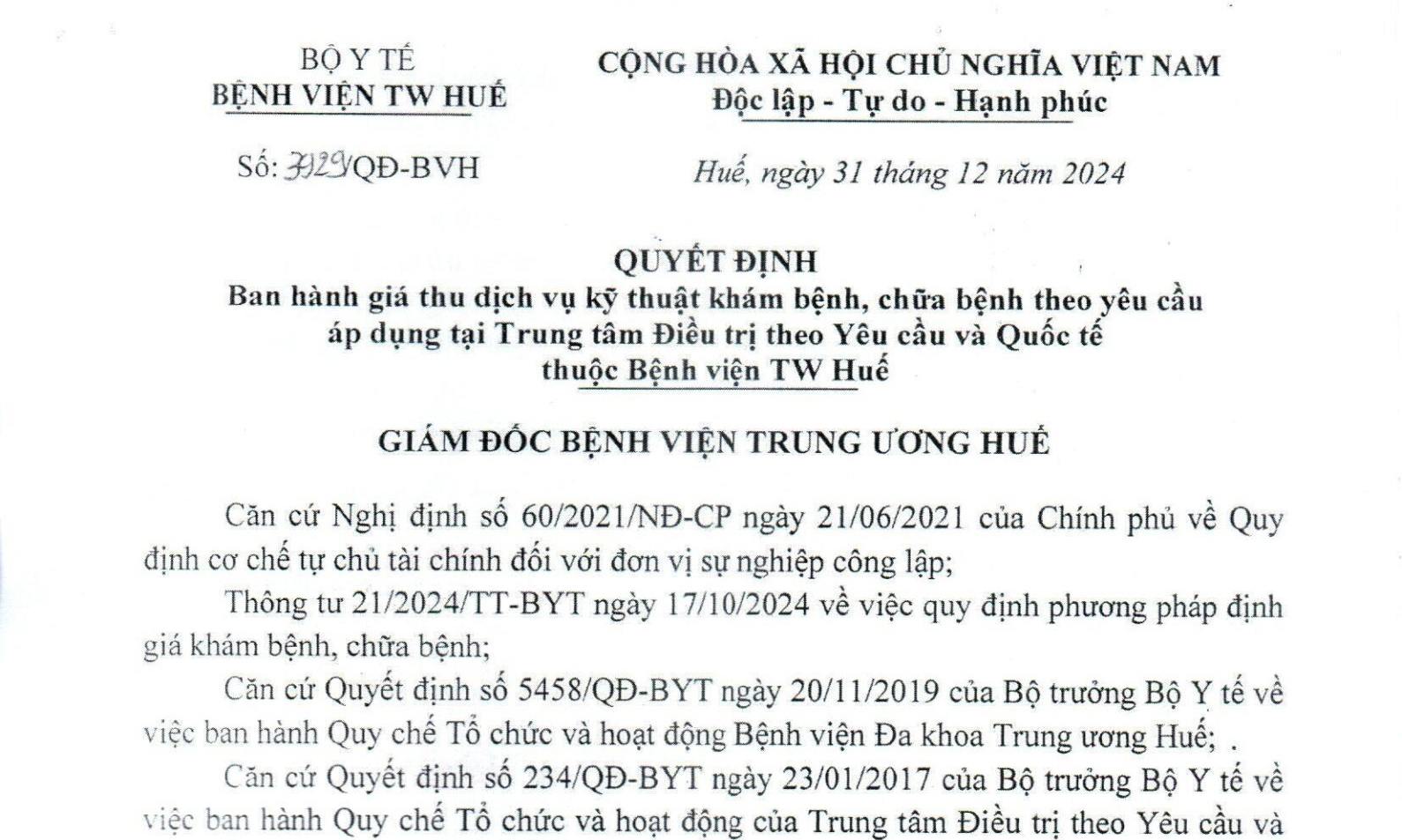 Giá thu dịch vụ khám bệnh, chữa bệnh theo yêu cầu áp dụng tại TTĐTTYC & Quốc tế thuộc BVTW Huế