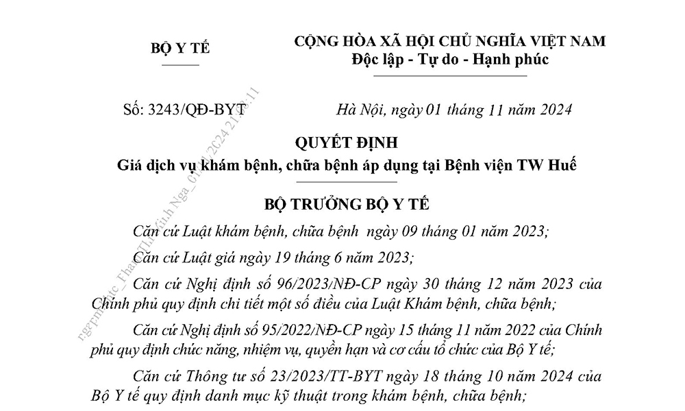 Quyết định của Bộ Y tế về giá dịch vụ khám bệnh, chữa bệnh áp dụng tại Bệnh viện TW Huế ngày 1/11/2024